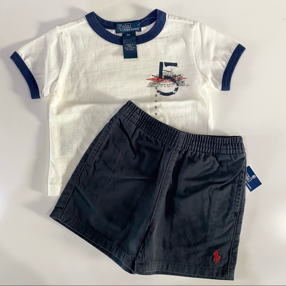 NWT Ralph Lauren Boys 9 months Graphic Shirt Top Navy Shorts Bundle 2 piece New